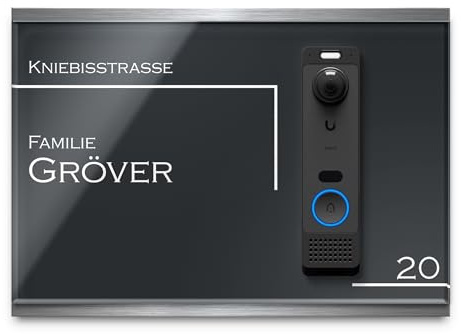 Namensschild für Ubiquiti UniFi G6 Entry aus Edelstahl & Hochglanz Acrylglas - Zubehör Schild für Video Türklingeln & Smart Home Systeme - Personalisiert & wetterfest (34x24 cm)