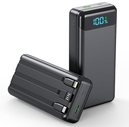 Enerwow Batterie Externe 27000mAh 22.5W Powerbank USB C Câble Charge Rapide | 4 sorties & 3 entrées, 3 câbles intégrés (USB-C/iPhone/USB-A), Affichage LED, Compatible iPhone 17-12 Samsung etc(Noir)