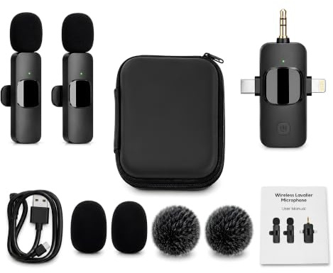 3-in-1 Wireless Lavalier Microphone, Dual Clip-On Mini Mic for iPhone, Android, Camera & Laptop, USB-C, Lightning & 3.5 mm Receiver, Noise Reduction for TikTok, YouTube, Interview & Vlogging