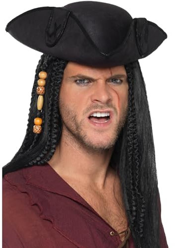 Smiffys Tricorn Pirate Captain Hat, Black with PU Trim, Pirate Fancy Dress, Pirate Dress Up Hats