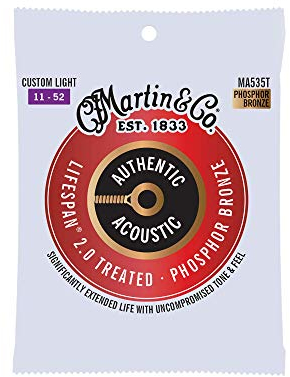 MARTIN Cuerdas para guitarra acústica, Lifespan 2.0 Custom Light 11-52, 98/2 Bronce fosforoso (MA535T)