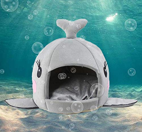 BADASS SHARKS Wal-Motive Hundehütte Hundebett Hundekörbchen Katzenbett mit Kissen Hundehaus Haustier Schlafsack für drinnen Waschbar Haus & Sofa 42cm (Wal Grau L)