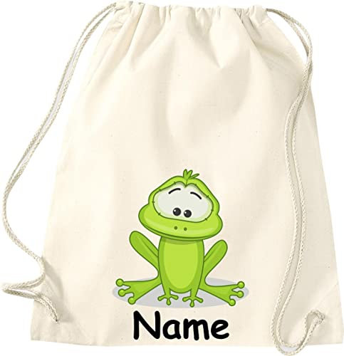 Shirtinstyle Gym Sack Kinder Turnbeutel Tiere Frosch mit Wunschnamen, Beutel Tasche Hort Kita, Farbe Natur