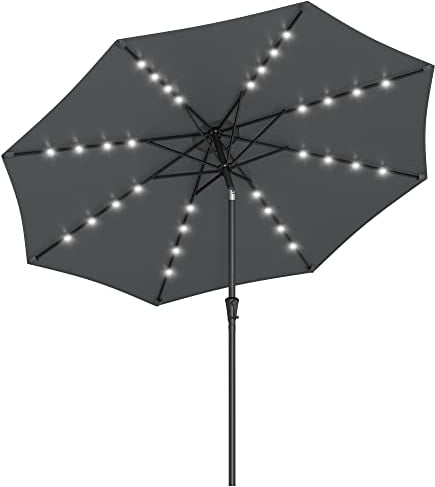 SONGMICS Parasol 300 cm avec éclairage solaire LED, 32 lumières LED, protection UV UPF 50+, pliable à 30°, pour jardin, terrasse, piscine, balcon, sans support, gris GPU33GY