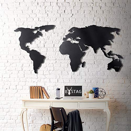 Tubibu Weltkarten-Wandkunst, 100 % Metall, Weltkarte, 2D, Skulptur, groß und breit, Wandbehang für Wohnzimmer, Schlafzimmer, Wohnheim (schwarz, 85,1 x 170,2 cm) 85 x 170 cm