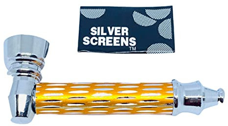 Pipe en métal à fumer, Pipes à Tabac, tuyau à tabac, 8,50 cm de longueur + 1 paquet de 5 grilles screen, plusieurs coloris au choix (jaune)