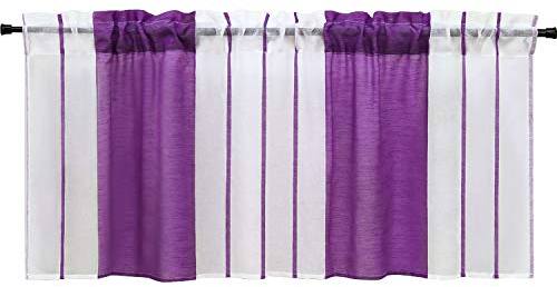 HeichkelL Scheibengardine mit Streifen-Dessinierung Halptransparente Kurzstores Tunnelzug Küche Esszimmer Bistrogardine Violett HxB 45x120 cm