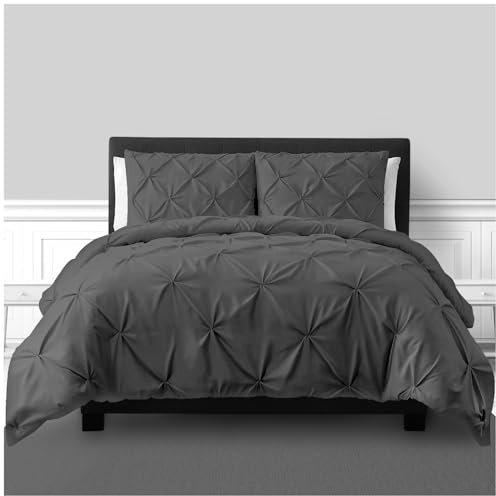 GC GAVENO CAVAILIA Pintuck Diamond Bedding Set - King Size Duvet Cover with Pillowcases - Super Soft Lightweight Bed Linen, Breathable & Easy Care Pinch Pleat Quilt Cover, Charcoal