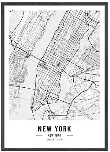 JUNOMI® New York Poster DIN A2 Schwarz Weiss, DIN A2 Wohnzimmer Deko, Modernes Wandbild, New York Bild, Wandbild ohne Rahmen, Stadtplan Poster New York, perfekte Geschenkidee für New Yorker