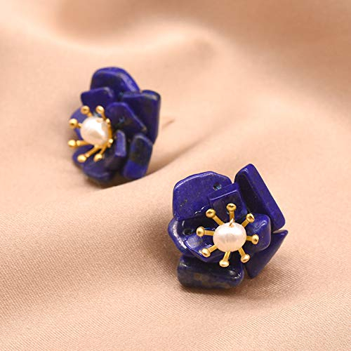 Lapislazuli Steinblumenohrringe Für Frauen Natürliche Süßwasserperlen-Ohrstecker Für Party Silber 925 Schmuck