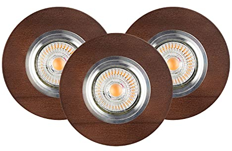 Licht-Erlebnisse Einbauleuchte 3-er Set Holz in Walnuss wohnlich mit LED 5W Deckenspot Bad DELEN