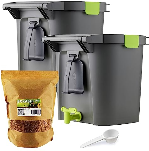 Moutta | Lot de 2 Bokashi Confort 14 litres, composteur Organique Haut de Gamme avec compacteur et activateur de Fermentation 1kg | Kit Complet