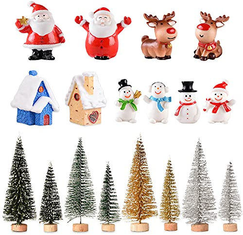 18 Stück Weihnachten Miniatur Ornamente Weihnachtsfiguren Weihnachtsmann Schneeflocken Schneemann Rentier Weihnachtsbaum Mini Weihnachten Deko für Garten Party Tisch Schneekugeln Puppenhaus Landschaft