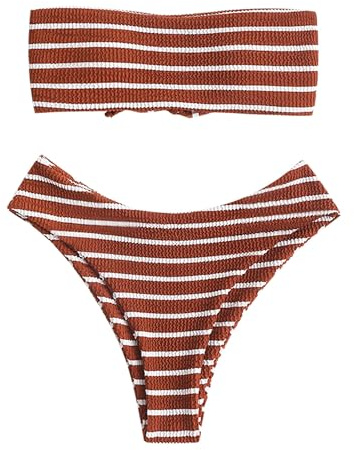 ZAFUL Women Strapless Ribbed High Cut Bandeau Bikini Lace Up 2 Pieces Swimwear(6-Coffee,M)