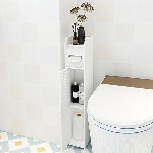 Rigogo Armoire de salle de bain en bois avec 1 porte et porte-papier toilette, petite armoire pour salle de bain, couloir, 81 x 16 x 16 cm