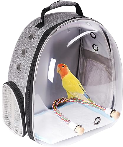 Interfashioner® Bird Carrier Rucksack, Bubble Bird Travel Carrier Backpack with Absorbent Pad and Standing Perch (Feathered Grey)