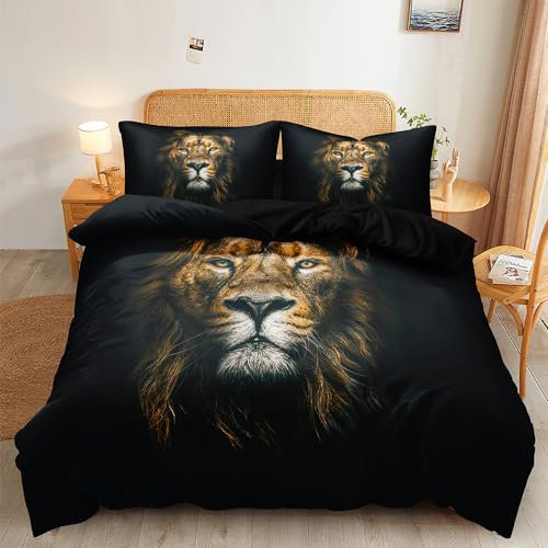 Elnonthy Bettwäsche-Set mit König der Löwen, King-Size-Größe, 3D-Tierdruck, Bettbezug-Sets für Jungen und Mädchen, Kunst-Dekor-Bettwäsche-Set
