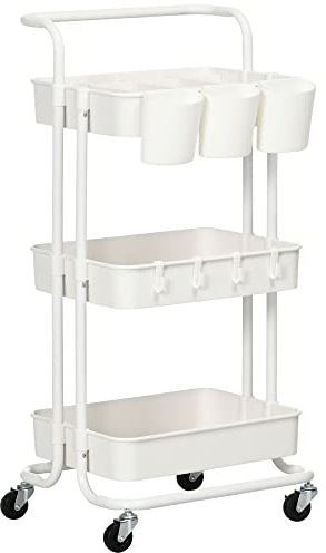 HOMCOM Carrito Auxiliar con Ruedas de 3 Niveles Carrito de Cocina con Mango 3 Cestas de Malla y 3 Cajas Colgantes Carro de Almacenamiento para Baño Salón 42x38x86,5 cm Blanco