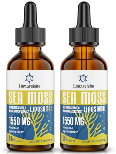 Lumarejebo Liposomal Irish Sea Moss Drops 1550 mg, Avec Extrait de Racine de Bardane et de Fucus, 4 Fois Plus Fort que les Pilules et Les Gels, Suppléments Naturels de Vitamines, 60 ml (Lot de 2)