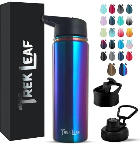 Trek Leaf Botella de agua de viaje de 18, 22 o 32 onzas, 3 tapas (boquilla, popote, abatible) a prueba de fugas, calidad, aislada al vacío, acero inoxidable, termo, frasco de metal, cantimplora