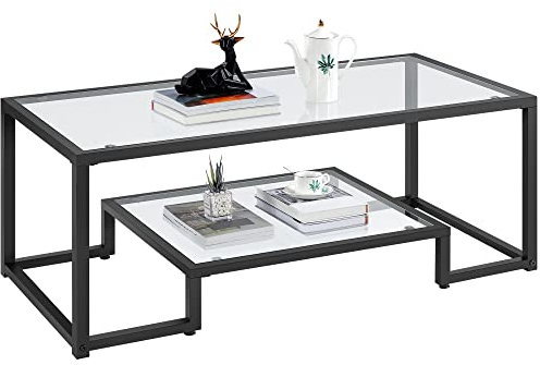 Yaheetech Couchtisch Kaffeetisch 2-stufiger Sofatisch aus Hartglas und Metallrahmen Moderner Beistelltisch mit Ablage Glastisch für Wohnzimmer/Terrasse/Balkon, 106 × 50 × 45 cm Schwarz