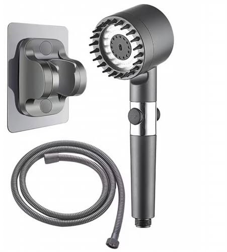 Shower Head with 1.5M Hose High Pressure Filtered Shower Head 4 Mode Handheld Pressurized Large Shower Head with Water Pause Switch Shower Accessories, Grey