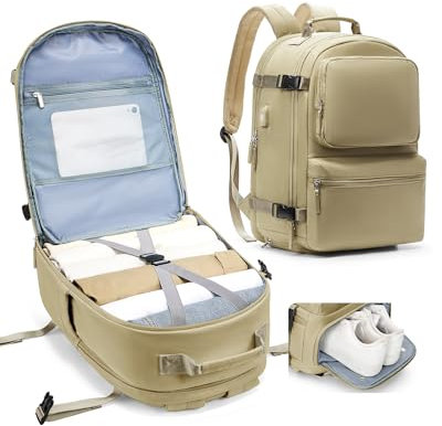 kibachev Reiserucksack Damen/Herren Mit Schuhfach 45x36x20, Rucksack Handgepäck Flugzeug, Diebstahlsichere Reisetasche 30l, Wasserdicht Travel Business Rucksack Mit Laptopfach Viele Fächer Khaki