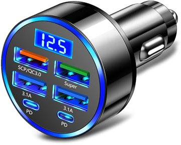 6 Ports Fast Car Charger with Voltage Monitor,Car Cigarette Lighter USB Charger (PD+QC3.0) Compatible with iphone13/14/15 & Most Android Models,Car Must Haves USB C Car Charger (1PCS)