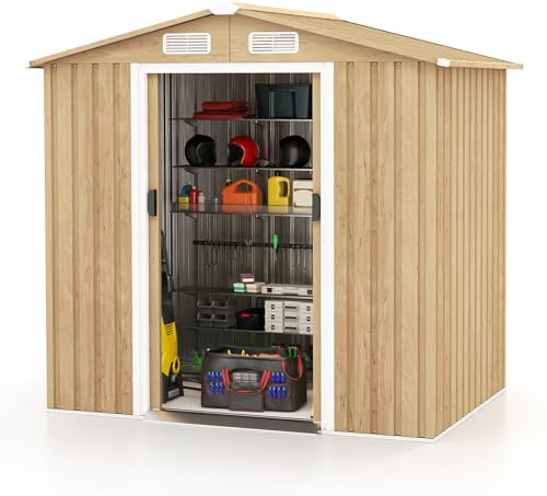 HOMASIS Casetta da Giardino in Metallo, Casetta Porta Attrezzi da Giardino con 4 Finestre di Ventilazione e 2 Porte Scorrevoli, Capanno da Giardino con Tetto a Falde, Naturale, 196 x 142 x 186 cm