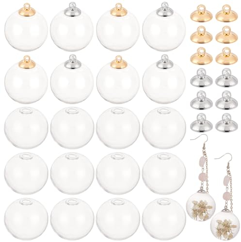 PH PandaHall 20pcs 30mm Mini Empty Glass Globe Bottles Round Clear Ball Charms Hanging Ball Vial Charms with 20pcs 8mm Brass Bails Cap for DIY Pendant Earrings Jewellery Making, Platinum/Golden