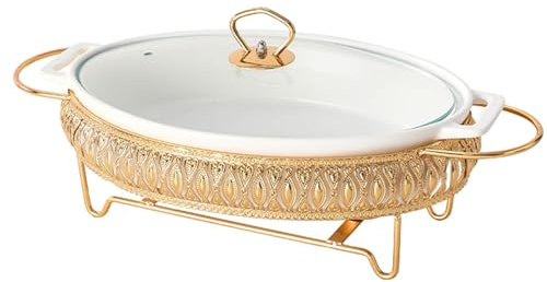 Ceramics Chafing Dish Buffet Set, Food Warming Container, Buffet Warmer Set With Glass Transparent Lid, Gold Chafing Dish, For for Buffet Weddings, Parties, Banquets,M