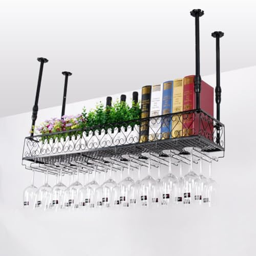 KiwiHood Montato a soffitto portabottiglie appeso bicchiere di vino rack altezza regolabile a parete organizzatore di vino con supporto in vetro, nero vintage porta vino per bar bar caffè cucina