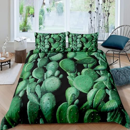 Kaktus Bettwäsche 200x220 cm Weich Microfaser Bettwäsche-Sets Kaktus Bettbezug 3D Bettbezüge mit Reißverschluss und 2 Kissenbezug 80x80 cm, G131