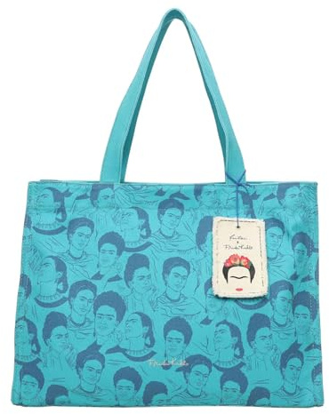 Fritzi x Frida Kahlo Easy 01 Canvas Limited Shopper Schultertasche mit Reißverschluss für Alltag und Shopping 34 x 46,5 x 23 cm – Beige, Blau, Hellblau, Rot, Lila, Taupe, Grün, Koralle