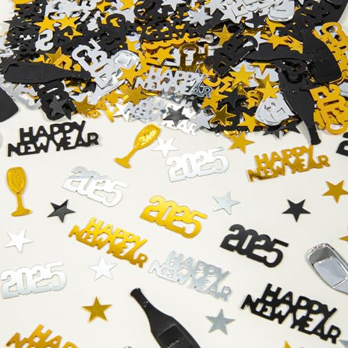 VIKY® Konfetti Streudeko Silvester Deko 2025, Silvester Tischdeko Schwarz Gold, Silvester Tischdeko 2025, Neujahr Deko Confetti, Happy New Year Deko, Neujahrsdeko Luftschlangen für Karneval Party