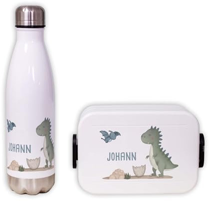 hellomini Mepal Lunch Set | Personalisiert | Mepal Brotdose Kinder & Trinkflasche 500ml | Personalisierte Brotdose & Trinkflasche Edelstahl | Geschenk zur Einschulung (T-Rex, Box blau)