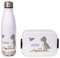 hellomini Mepal Lunch Set | Personalisiert | Mepal Brotdose Kinder & Trinkflasche 500ml | Personalisierte Brotdose & Trinkflasche Edelstahl | Geschenk zur Einschulung (T-Rex, Box blau)
