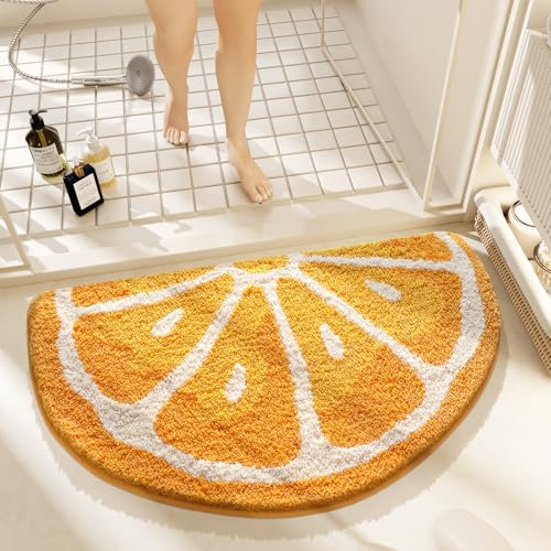 Fruit Badezimmerteppich, köstliche orangefarbene Badematte mit weicher und rutschfester ultra-saugfähiger Mikrofaser, zotteliger Fußmatte, maschinenwaschbar, Badteppich für WC, Badewanne,