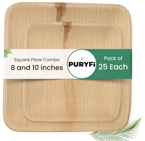 Puryfi Lot de 25 assiettes carrées en feuille de palmier respectueuses de l'environnement 25,4 cm et 20,3 cm chacune | Assiettes jetables | comme des assiettes en bambou | Assiettes en feuille de