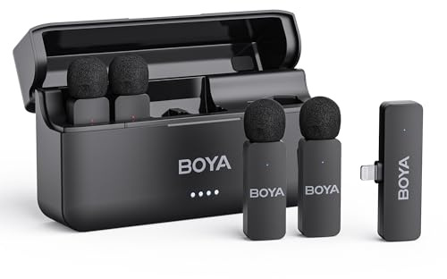 BOYA BY-V4D Micrófono Lavalier inalámbrico para iPhone iPad con estuche de carga, batería de 18 horas de duración, alcance de 200 m, micrófonos de solapa omnidireccionales con cancelación de ruido de