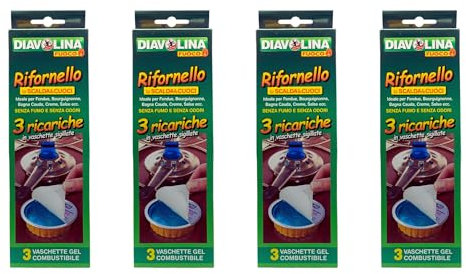 Vaschette gel combustibile RIFORNELLO, Ideale per Fondue, Bourguignonne, Bagna Cauda, Creme, Salsa ecc. senza fumo e senza odori, Confezione da 3 ricariche in vaschette sigillate. (3x80g.) (4 Unità)
