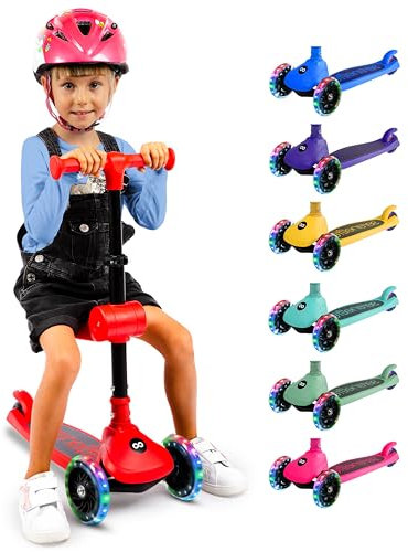 SereneLife Kinderroller ab 3 Jahre in Rot – LED Tretroller faltbar höhenverstellbar, leicht und stabil, mit Sitz klappbar, für Jungen und Mädchen, Indoor und Outdoor, bis 50 kg