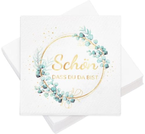 100 Servietten Geburtstag Hochzeit Eukalyptus Schön Dass Du Da Bist Tischdeko, 3-lagig Servietten 33 x 33 cm, für Geburtstag, Hochzeit, Party Tischdeko