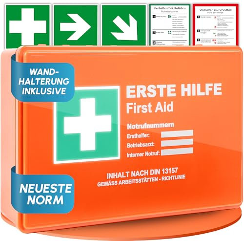 Erste Hilfe Kasten nach neuer DIN 13157:2021 inkl. Wandhalterung & Aufklebern|Universal Erste Hilfe Koffer für Betrieb, Haushalt oder Gastronomie - Büro Verbandskasten gefüllt, Sanikasten