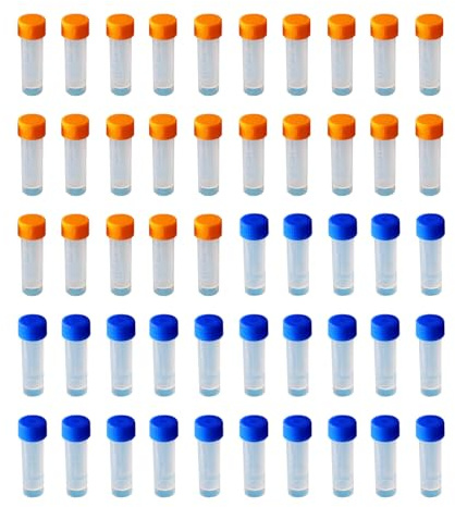 HAXIHA 50 Stück 5ML Probenröhrchen,Kunststoff Markiert Röhrchen,Mit Schraubverschluss und Abgestuften Probenbehälter,Reagenzglasprobe Kryoröhrchen für Labor Experimente Orange+ Blau