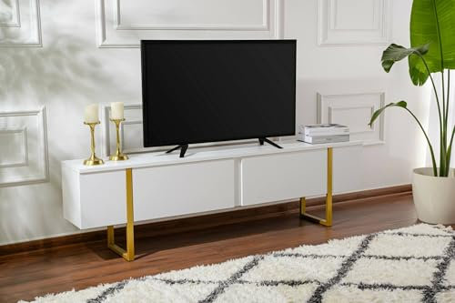 Dmora - Fernsehschrank Gussola, Ständer für Wohnzimmerfernseher, Niedriges Wohnzimmer-Sideboard, TV-Ständerbasis, 180x30 h50 cm, Weiß und Gold