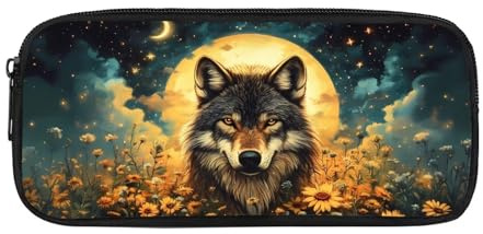 JUDENTIDOS Federmäppchen für Jungen und Mädchen, niedliches Federmäppchen mit Reißverschluss, Wolf Moon Floral, Taschen-Organizer