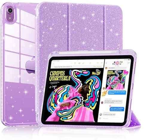 Hülle für iPad (A16) 11./10.Generation (2025/2022), Slim Stand Cover mit Harter, transparenter Rückseite,Unterstützung Touch ID, Auto Schlafen/Wachen (Funkelndes Lila)