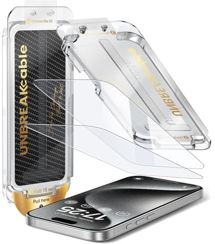 UNBREAKcable 2er Pack Display Schutzfolie für iPhone 15 Pro, Automatische Staubentfernung, 9H Militär-Standard, Blasenfreie Montage, Gehäusekompatibel, HD Klar (6.1 Zoll)
