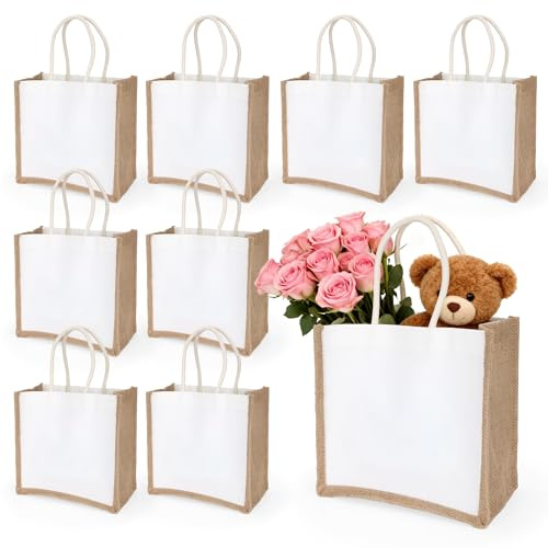 Axincardarm 8 Pack Jute Bags Burlap Tote Bag with Handles 25 x 25 x 12cm Jute Tote Bag for Shopping Party Picnic DIY
